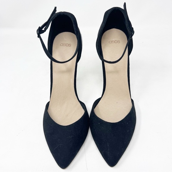 ASOS BLACK FAUX SUEDE SILVER METAL SOOKE ANKLE STRAP HEELS WOMENS UK6/US8 - Picture 2 of 7